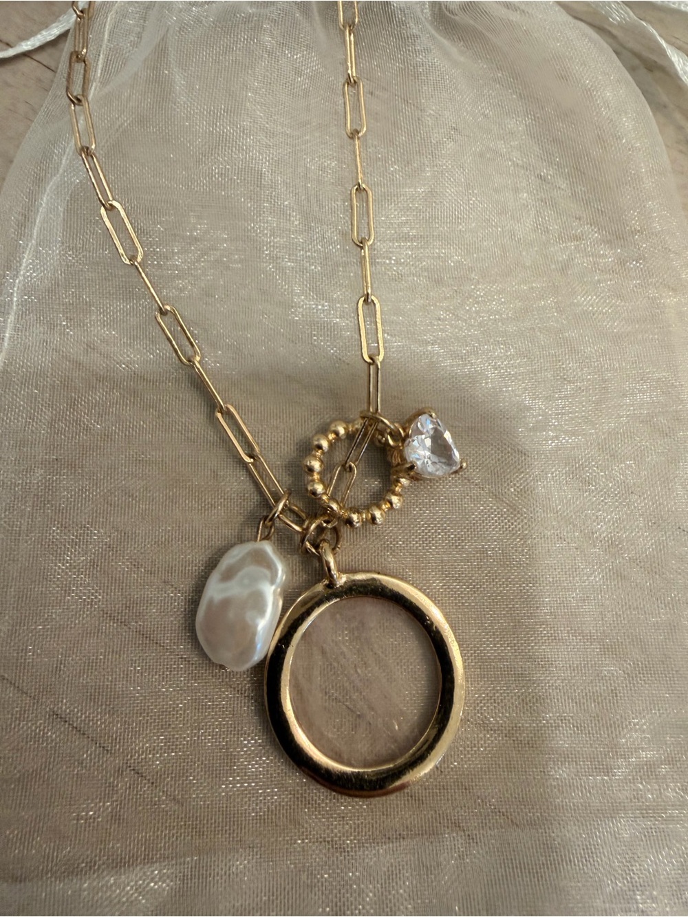 Gold Pendant Necklace with Pearl Gold and Crystal Charm
